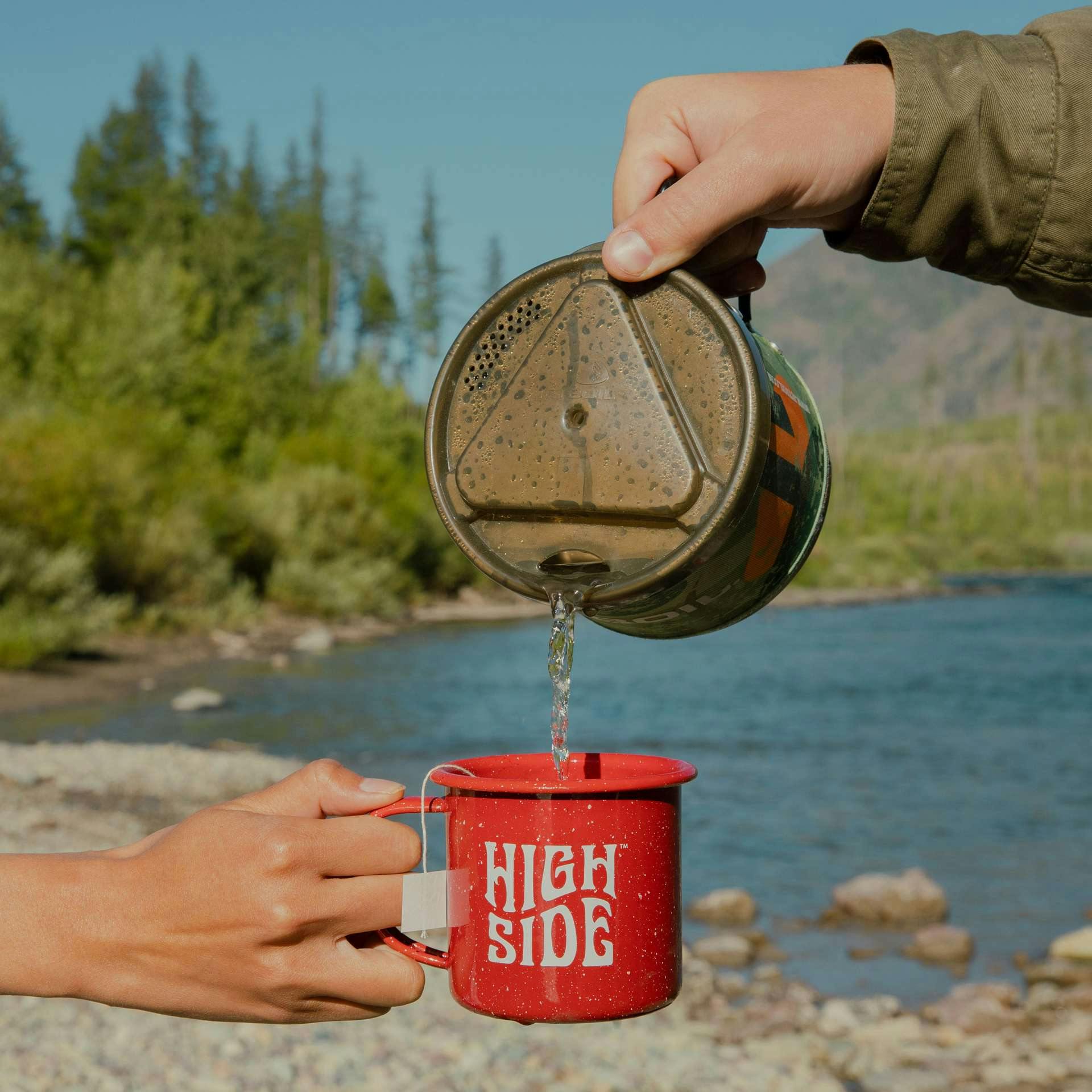 high side coffee brewing by the river